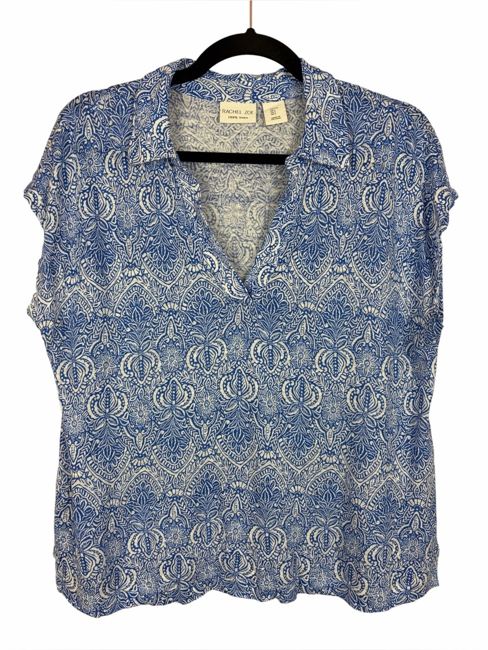 Rachel Zoe 100% Linen Blue White Printed Popover Blouse Size Large Collared Top